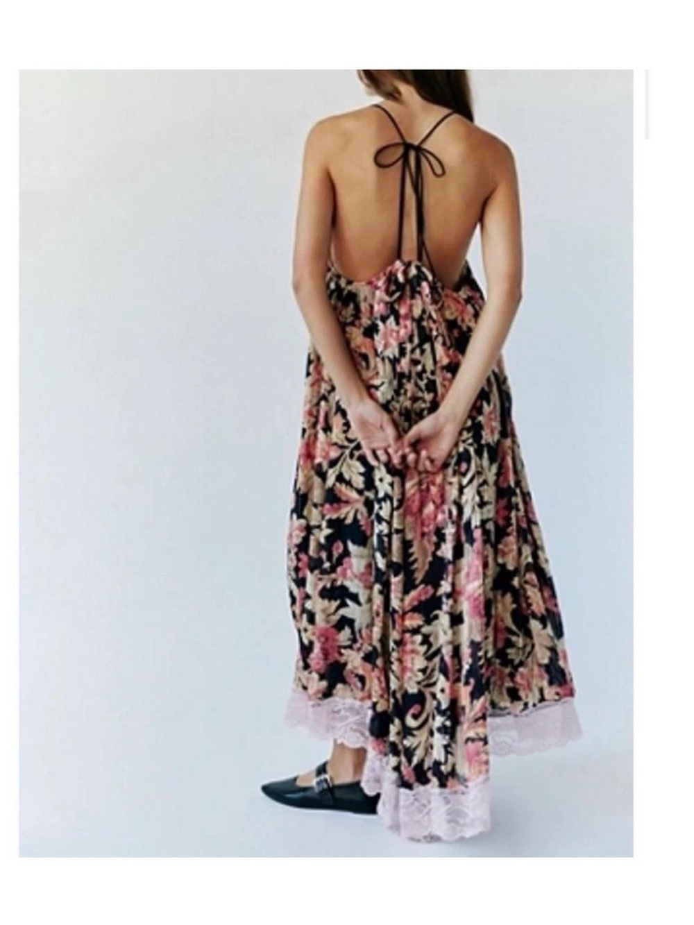 NWT Free People Primmy Printed Midi-Dress Black Floral Lace-Trim with Pink - Picture 3 of 13